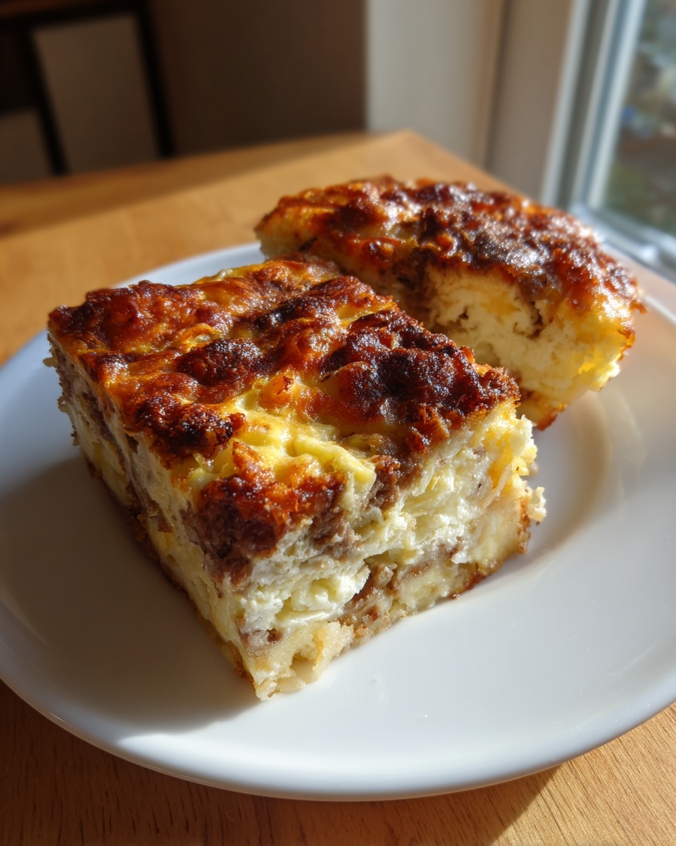 Two squares of baked breakfast casserole with a golden, cheesy, browned top, served on a white plate.