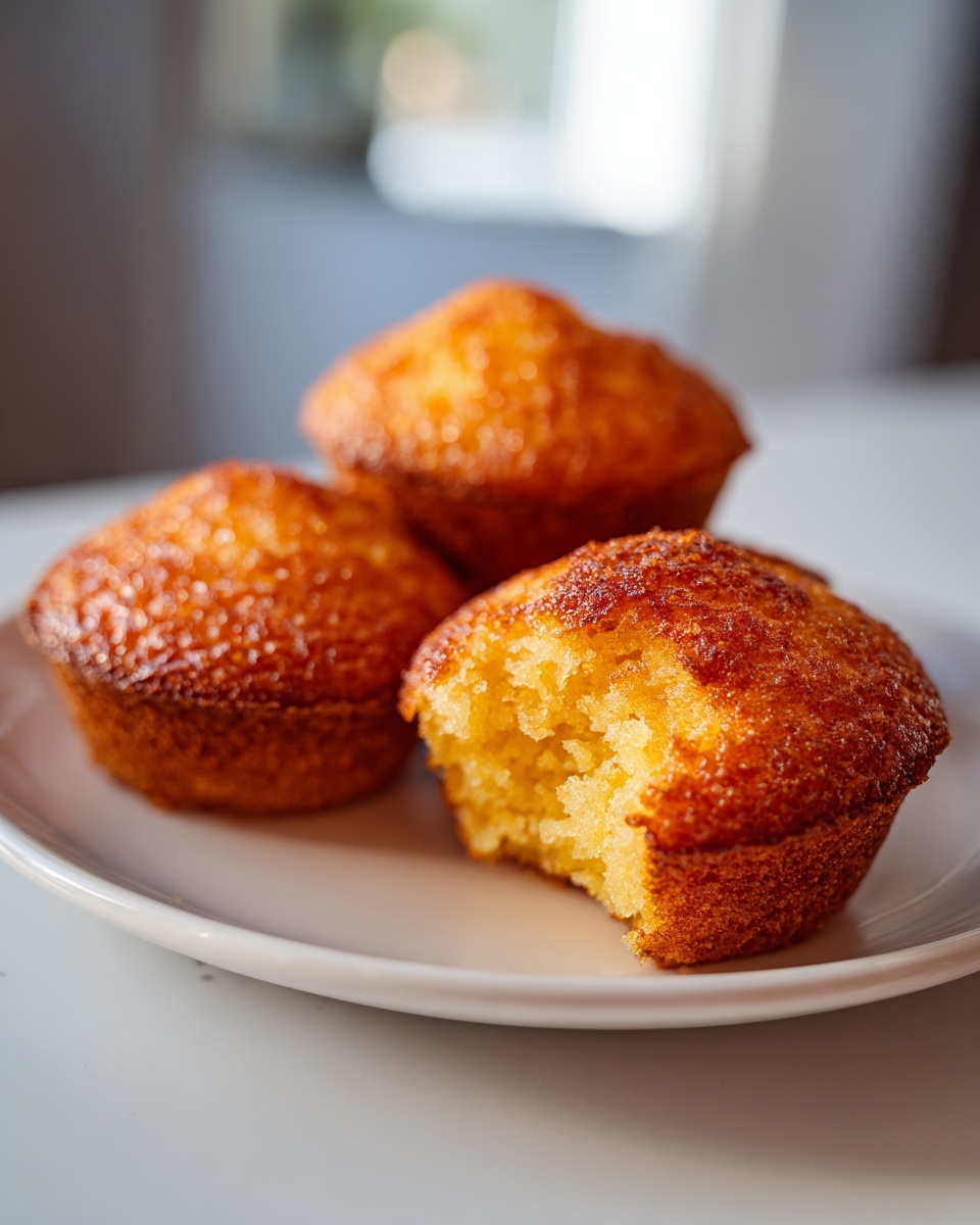 Three golden brown cornbread muffins on a white plate, one with a bite taken out showing the crumb.