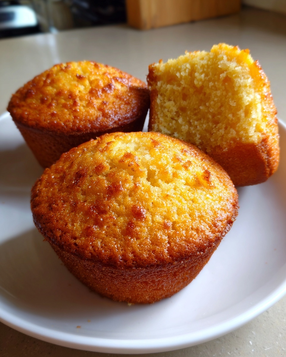Three golden brown cornbread muffins served on a white plate, one is broken open showing the crumb.
