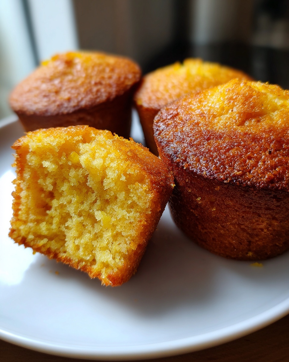 Close-up of golden brown cornbread muffins on a white plate, with one muffin cut in half showing the moist, yellow interior.