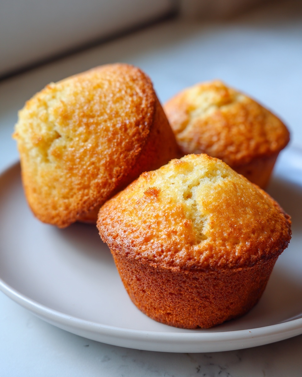Three golden brown cornbread muffins resting on a light gray plate, showcasing their perfectly baked tops.