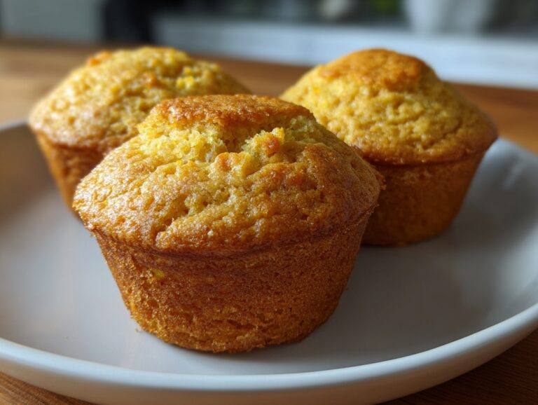 Three freshly baked, golden brown cornbread muffins resting on a white plate.