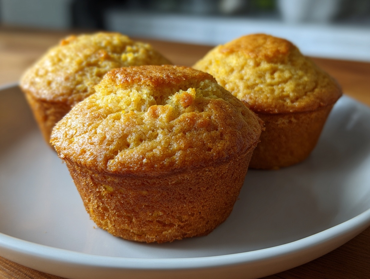 Three freshly baked, golden brown cornbread muffins resting on a white plate.