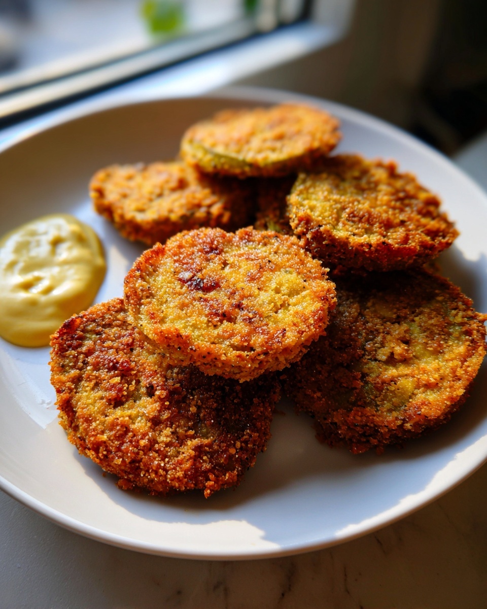 A stack of perfectly golden brown fried green tomatoes served with a side of dipping sauce.