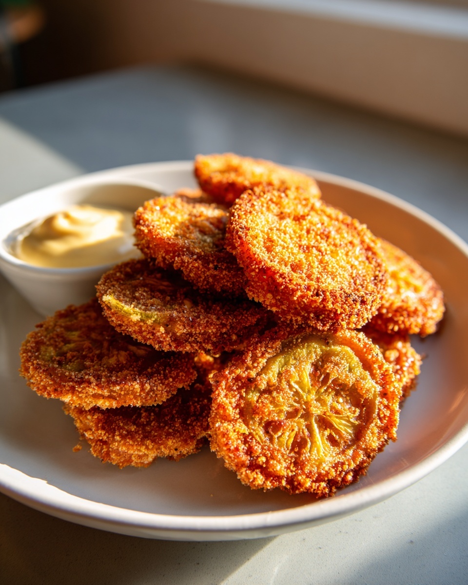 A stack of perfectly golden brown fried green tomatoes served on a white plate with a side of creamy dipping sauce.
