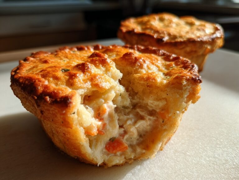 Close-up of a mini chicken pot pie broken open to show creamy filling and golden crust.