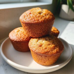 A stack of four golden brown, freshly baked protein muffins sitting on a white plate in bright sunlight.