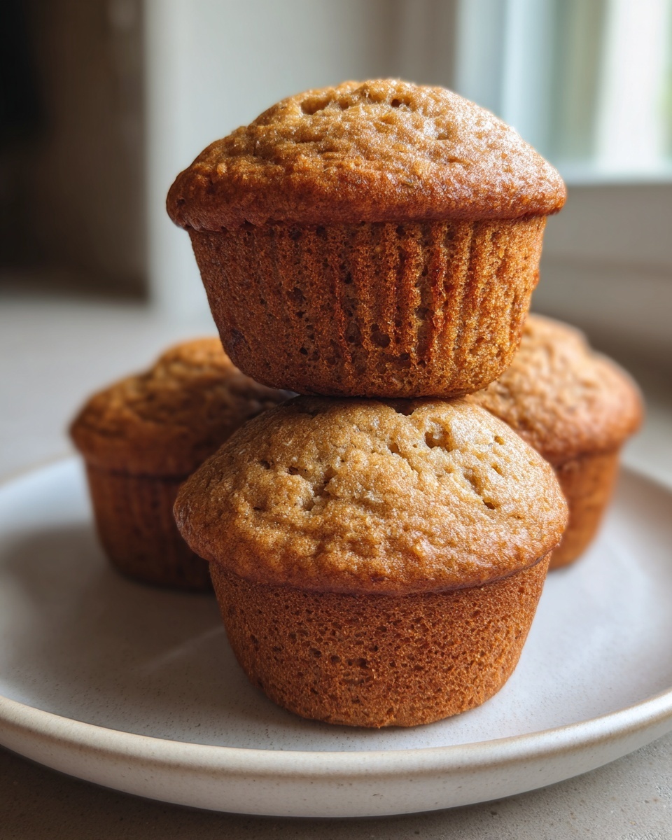 A stack of three golden brown protein muffins sitting on a light-colored ceramic plate.