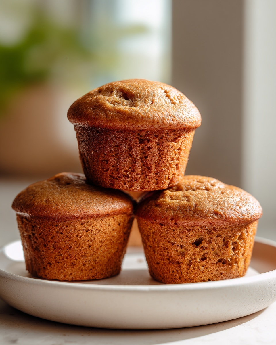 Three golden brown protein muffins stacked on a light ceramic plate, beautifully lit by natural light.