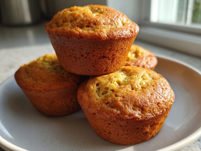 A close-up of four golden-brown, freshly baked protein muffins stacked slightly on a light gray plate.
