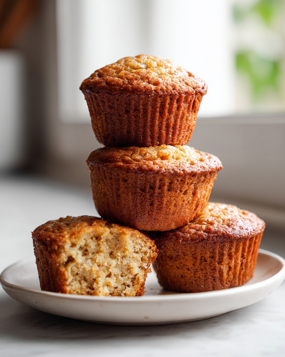 A stack of three golden brown protein muffins on a small plate, with one muffin broken open showing the moist interior.