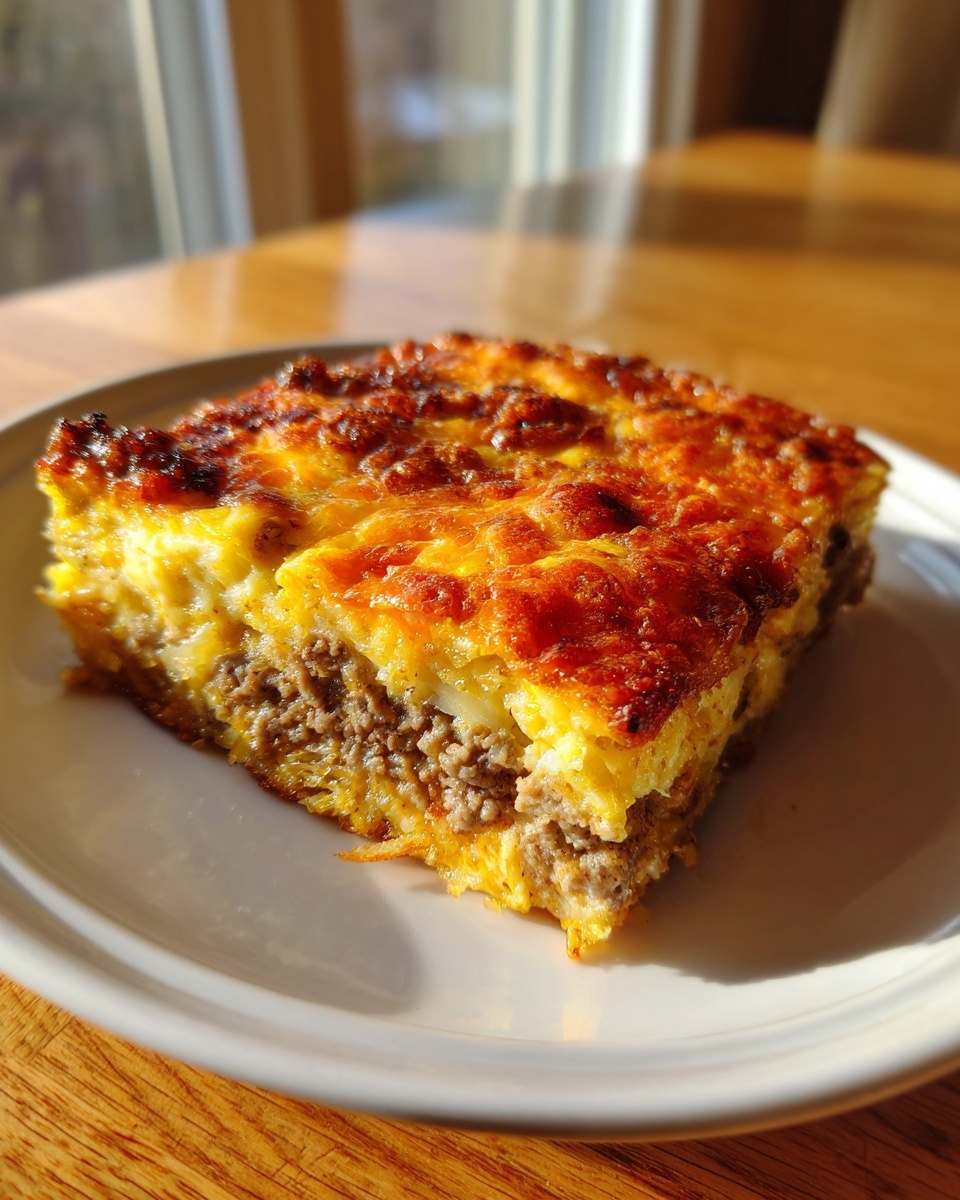 A close-up of a square slice of baked breakfast casserole with a browned cheesy top and layers of sausage.