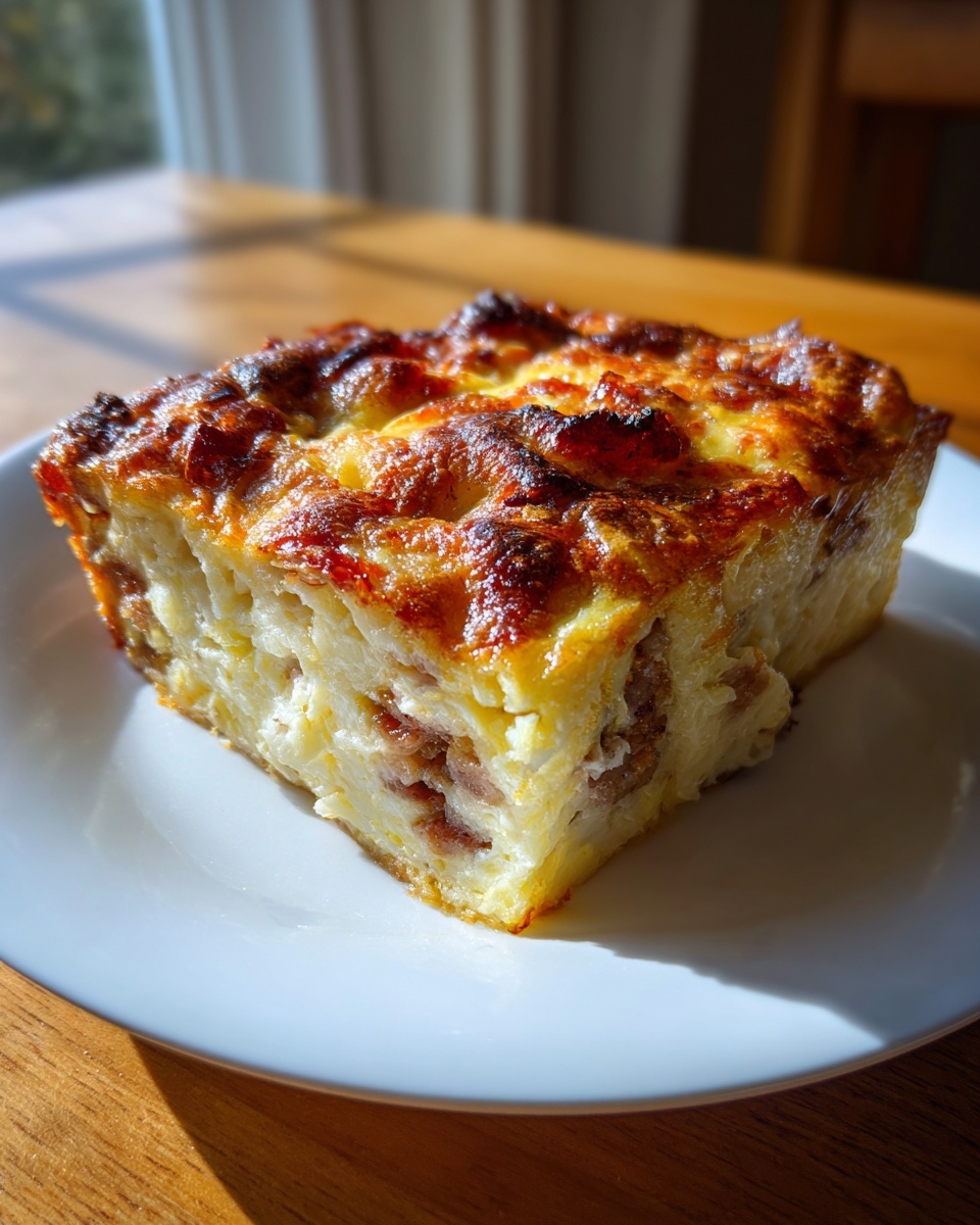 A square slice of baked breakfast casserole with a deeply browned, cheesy top, served on a white plate.