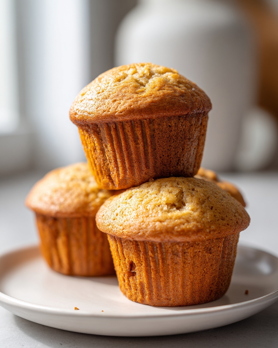 A stack of three golden-brown protein muffins sitting on a light plate.