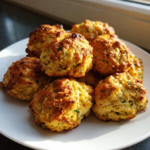 A pile of golden brown, freshly baked stuffing balls recipe served on a white plate, catching sunlight.
