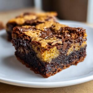 A close-up of a rich, fudgy brookie bar showing distinct brownie and cookie layers.