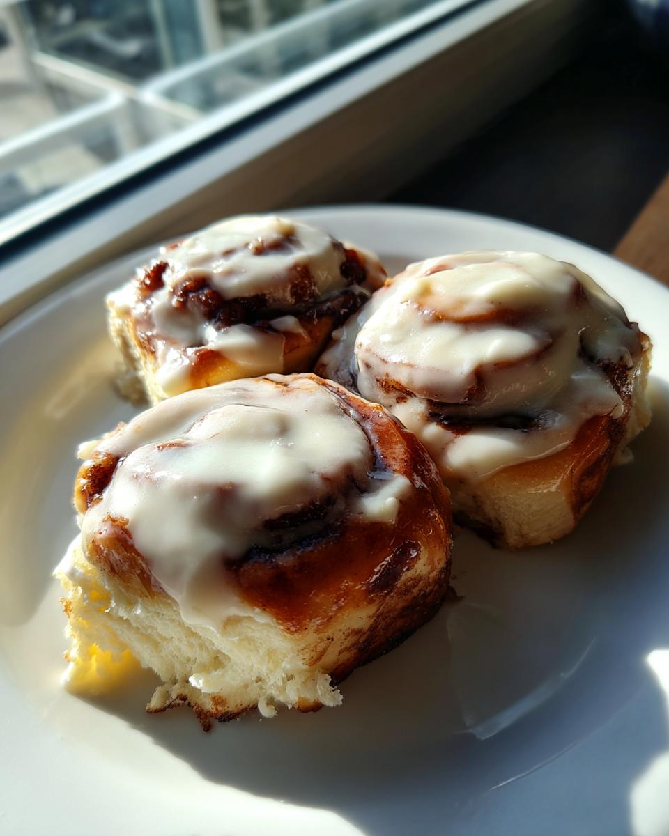 Three gooey cinnamon rolls topped with thick white frosting sitting on a white plate near a window.