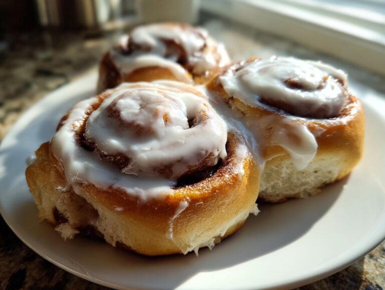 Close-up of three freshly baked cinnamon rolls covered in thick, white icing on a white plate.