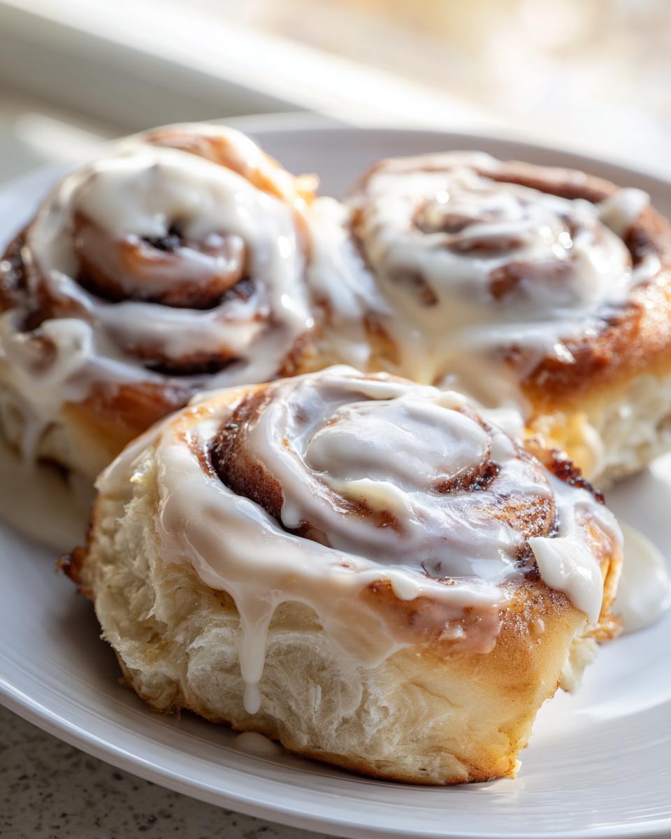 Three freshly baked cinnamon rolls covered in thick white icing, ready to eat from our cinnamon rolls recipe.