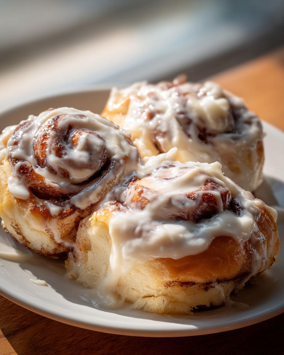 Close-up of three gooey cinnamon rolls recipe portions covered in thick white icing.