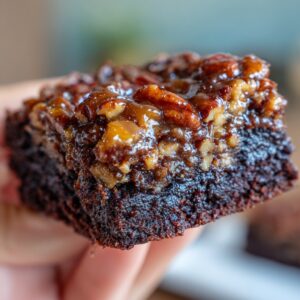 A hand holding a rich, fudgy pecan pie brownies square with a thick, glossy pecan topping.