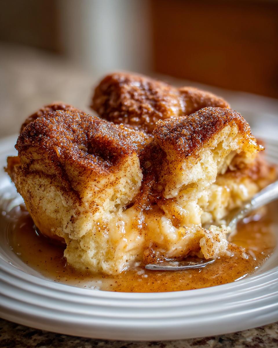 Close-up of gooey snickerdoodle cobbler pieces covered in cinnamon sugar sauce being pulled apart with a fork.