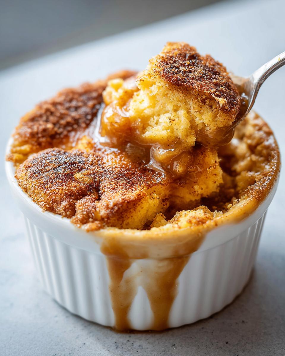 A spoonful of gooey snickerdoodle cobbler being lifted from a white ramekin, showing cinnamon topping and sauce.
