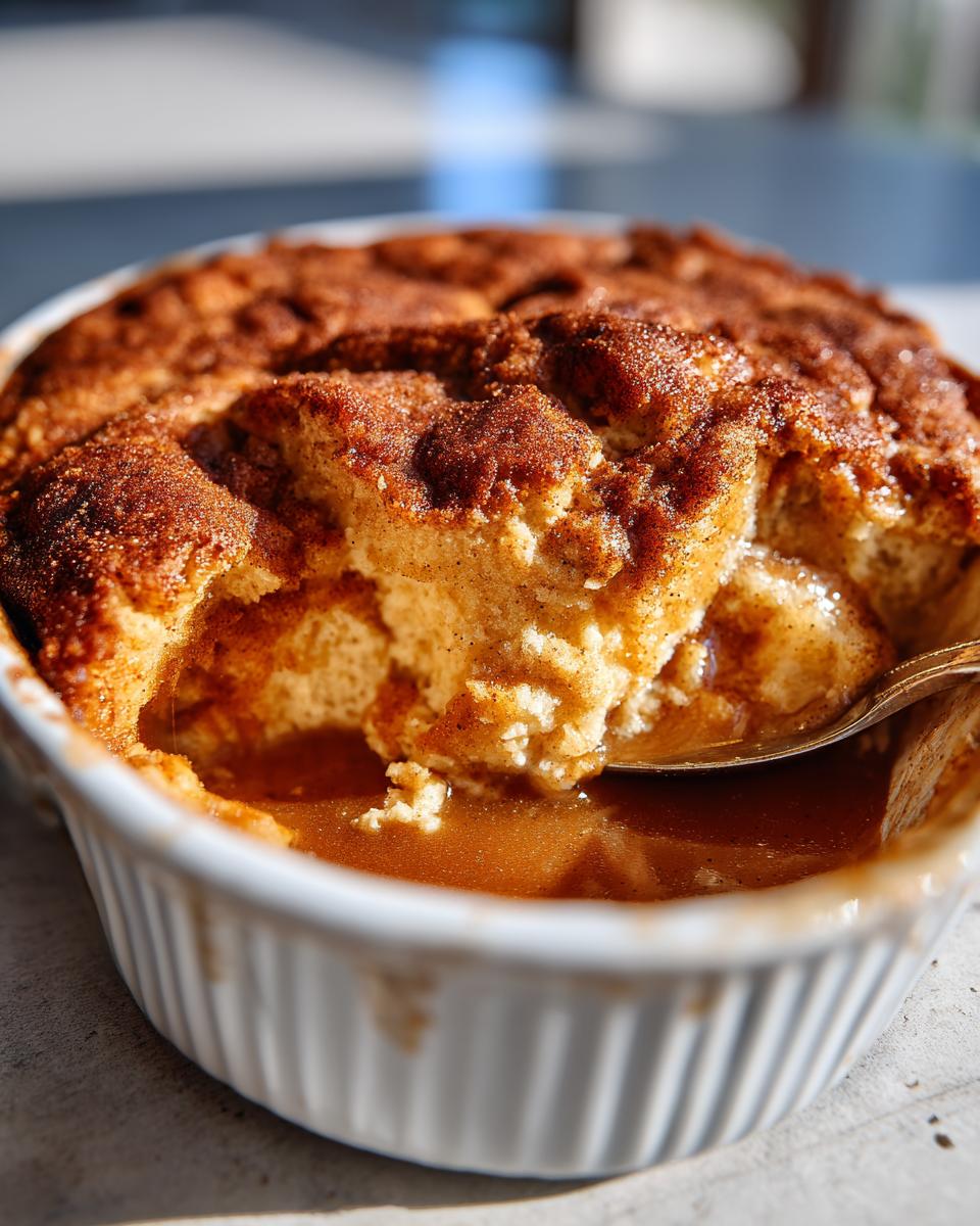 A spoonful of gooey snickerdoodle cobbler being lifted from a white baking dish, showing the cinnamon topping and sauce.