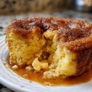Close-up of a warm, gooey serving of snickerdoodle cobbler soaked in cinnamon sauce.