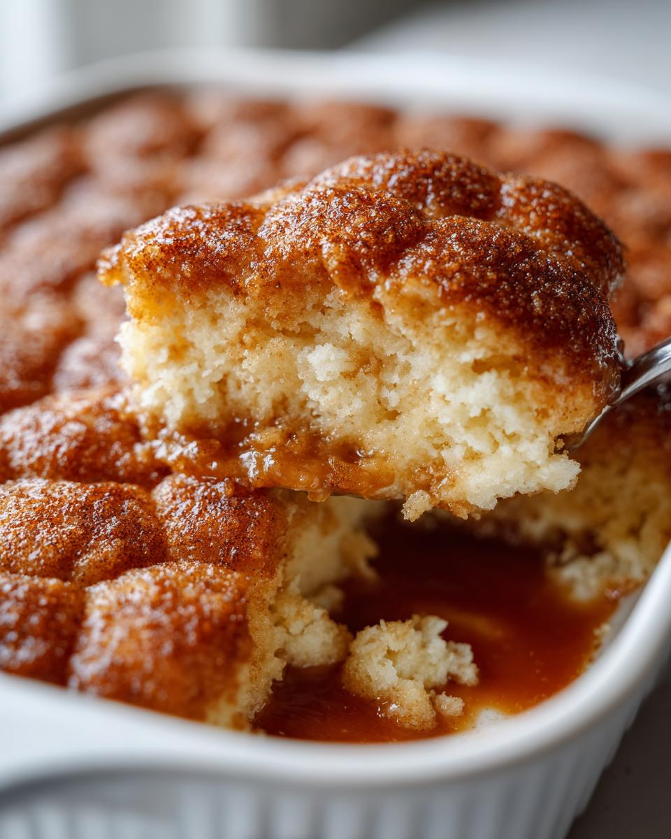 A spoonful of gooey snickerdoodle cobbler lifted from the baking dish, showing the cinnamon topping and caramel sauce.