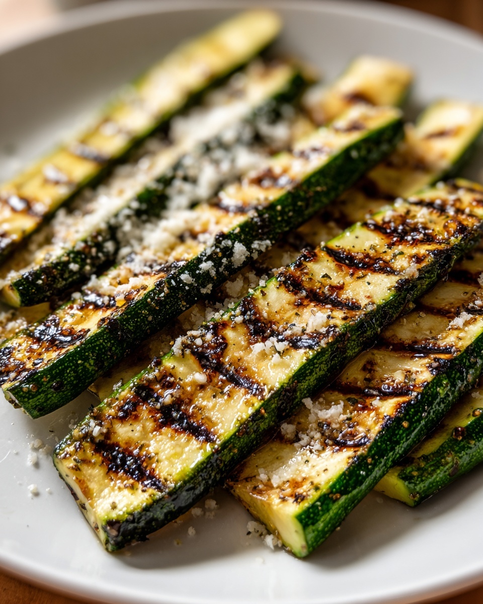 Close-up of perfectly grilled zucchini slices topped with grated Parmesan cheese and seasoning.
