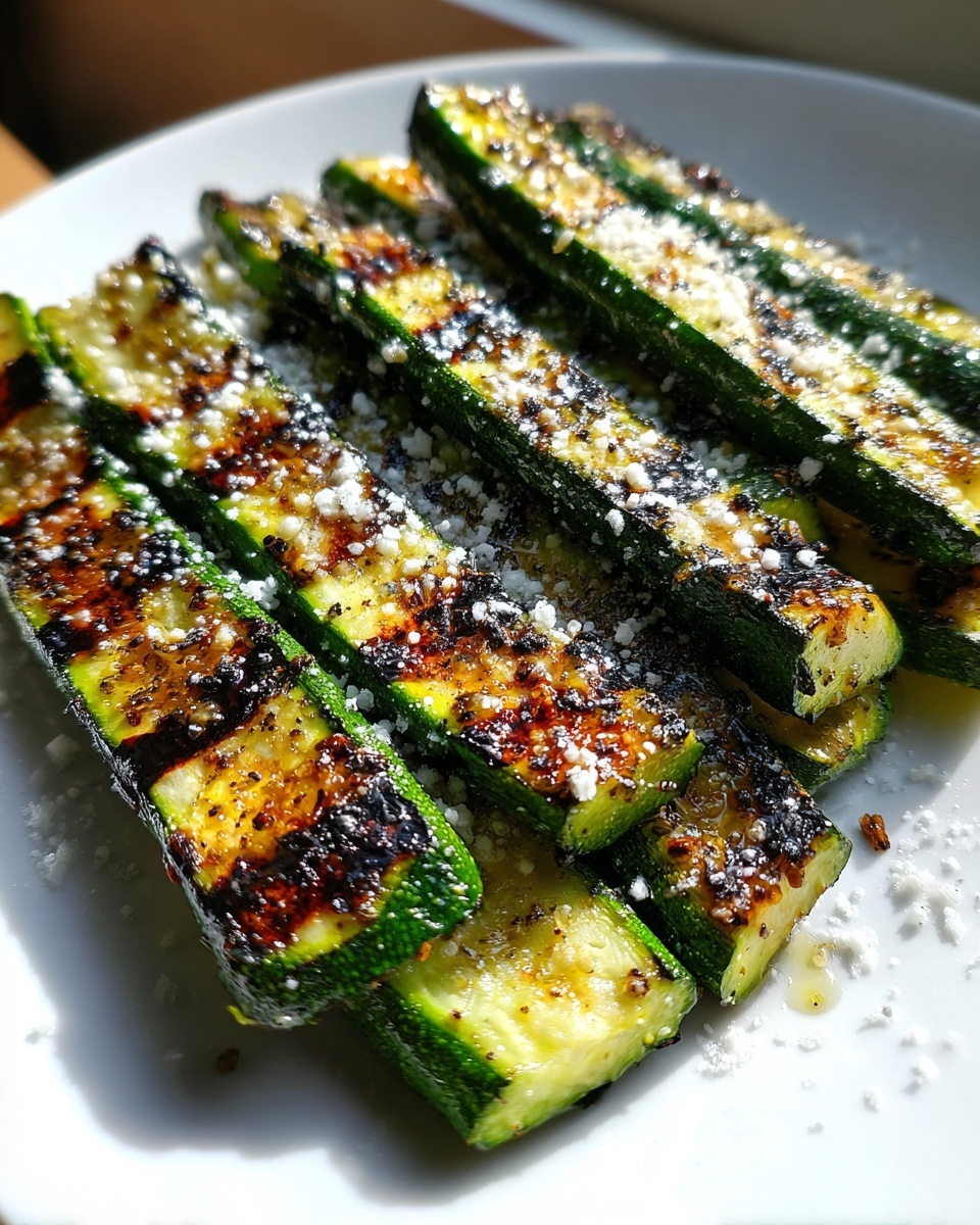 Close-up of perfectly grilled zucchini strips topped with grated Parmesan cheese.
