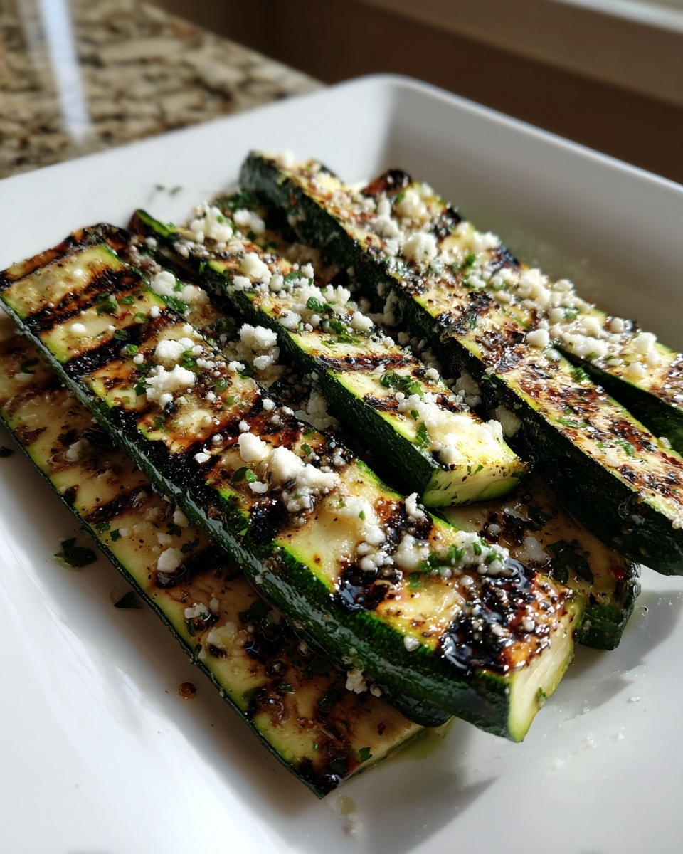 Close-up of perfectly grilled zucchini slices topped with crumbled Parmesan cheese and herbs.