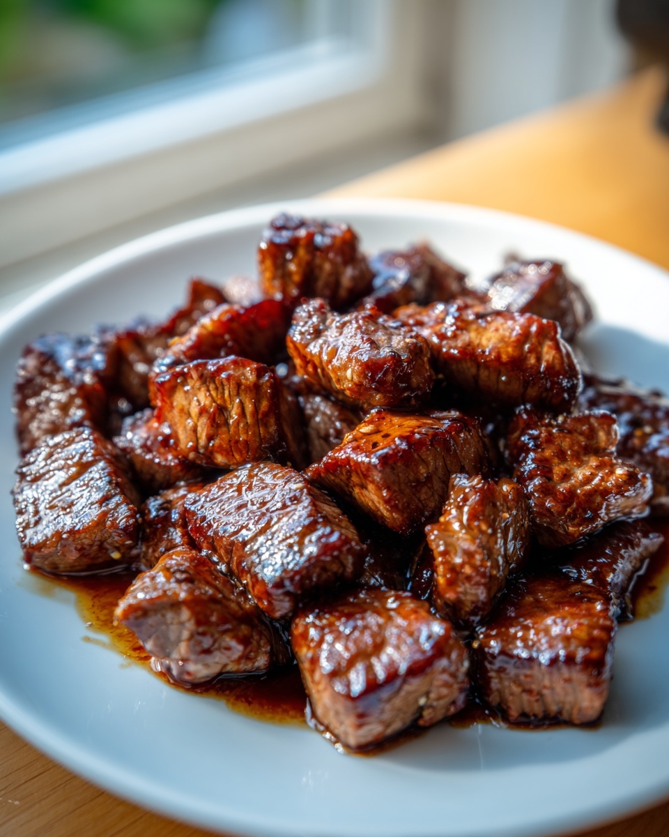 Close-up of tender, cubed hibachi steak coated in a rich, dark glaze resting on a white plate.