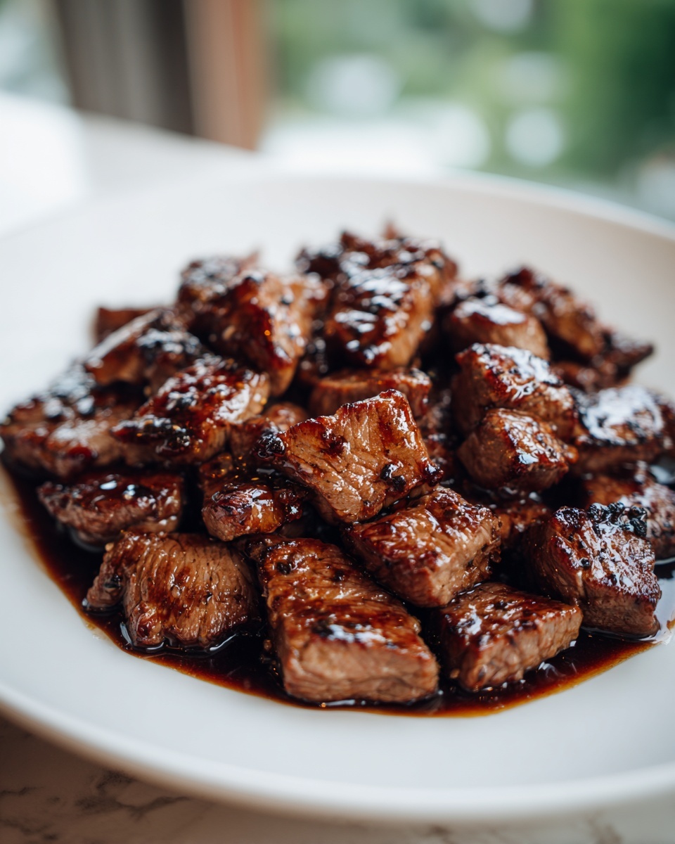 Close-up of perfectly cooked, glazed cubes of hibachi steak piled on a white plate.