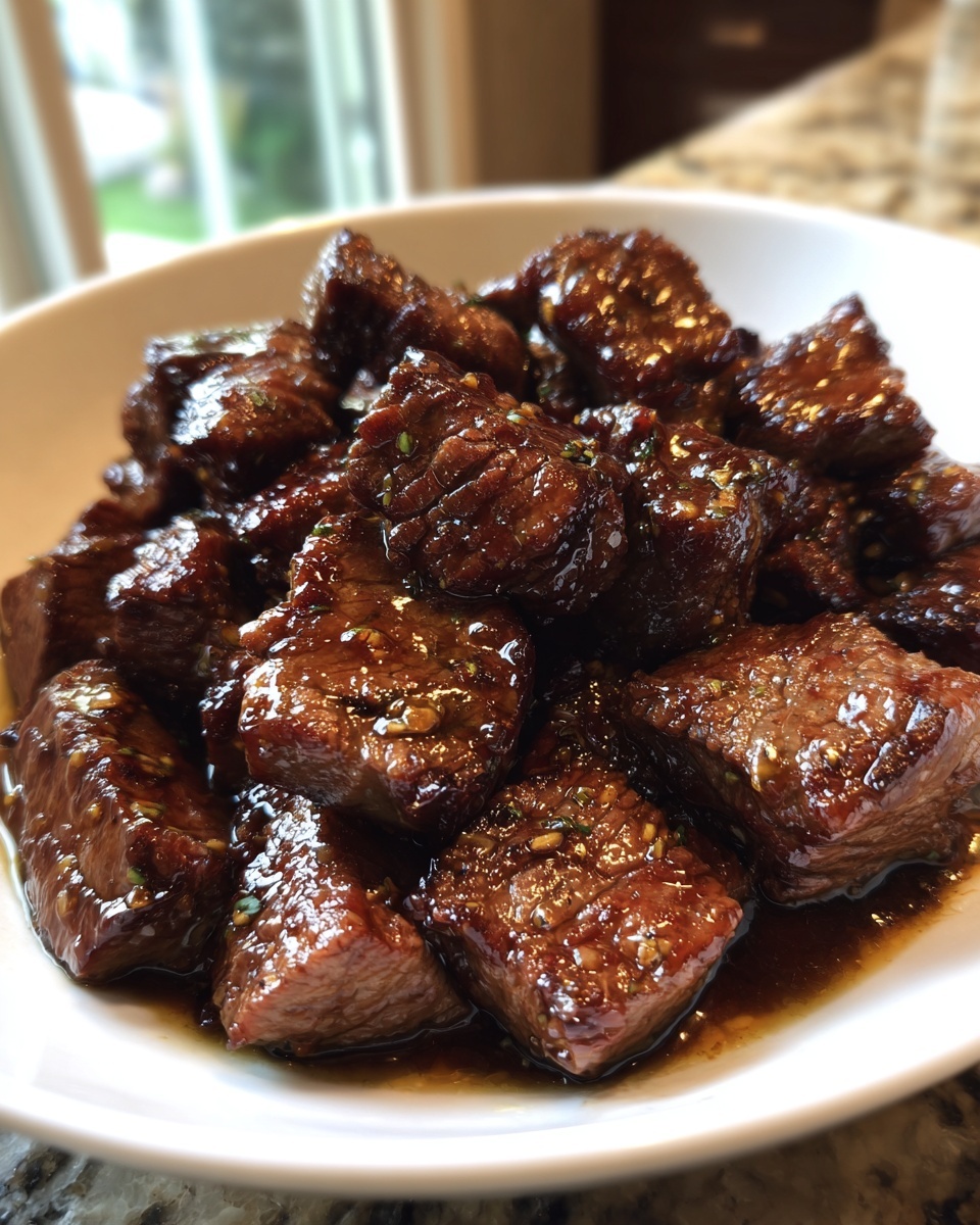Close-up of tender, glazed cubes of hibachi steak served in a white bowl.
