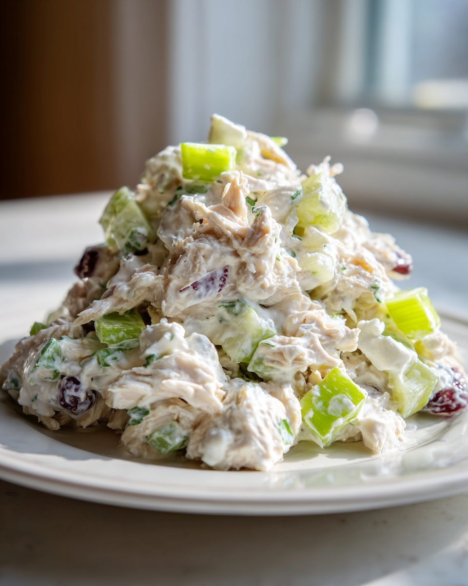 Close-up of a generous serving of high protein chicken salad featuring shredded chicken, bright green celery chunks, and dark grapes.