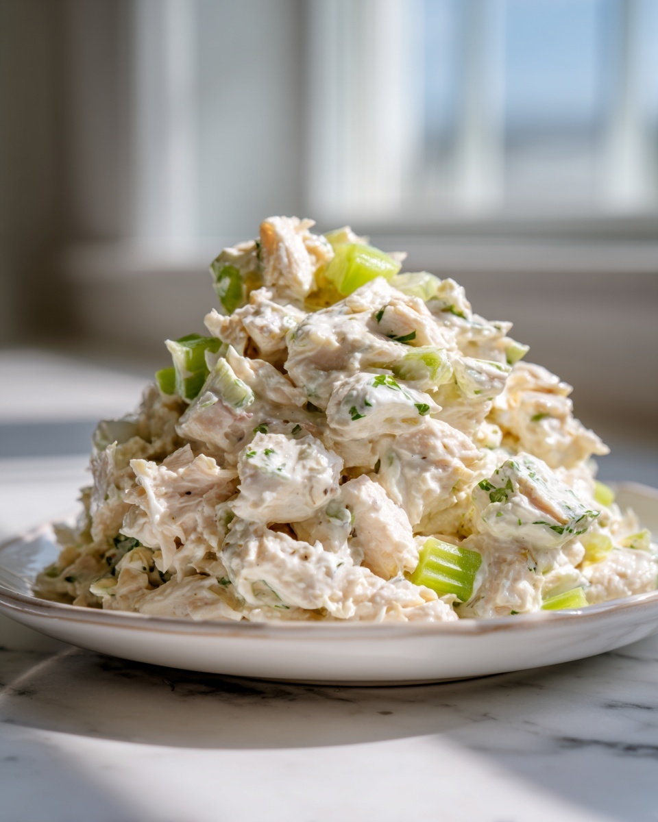 A generous mound of creamy high protein chicken salad mixed with chunks of celery on a white plate.