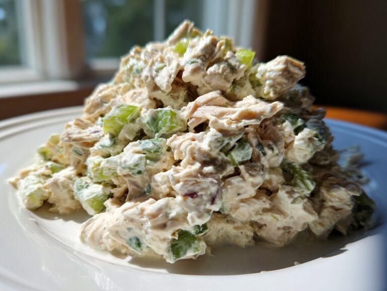 Close-up of a generous mound of creamy high protein chicken salad mixed with visible chunks of bright green celery.