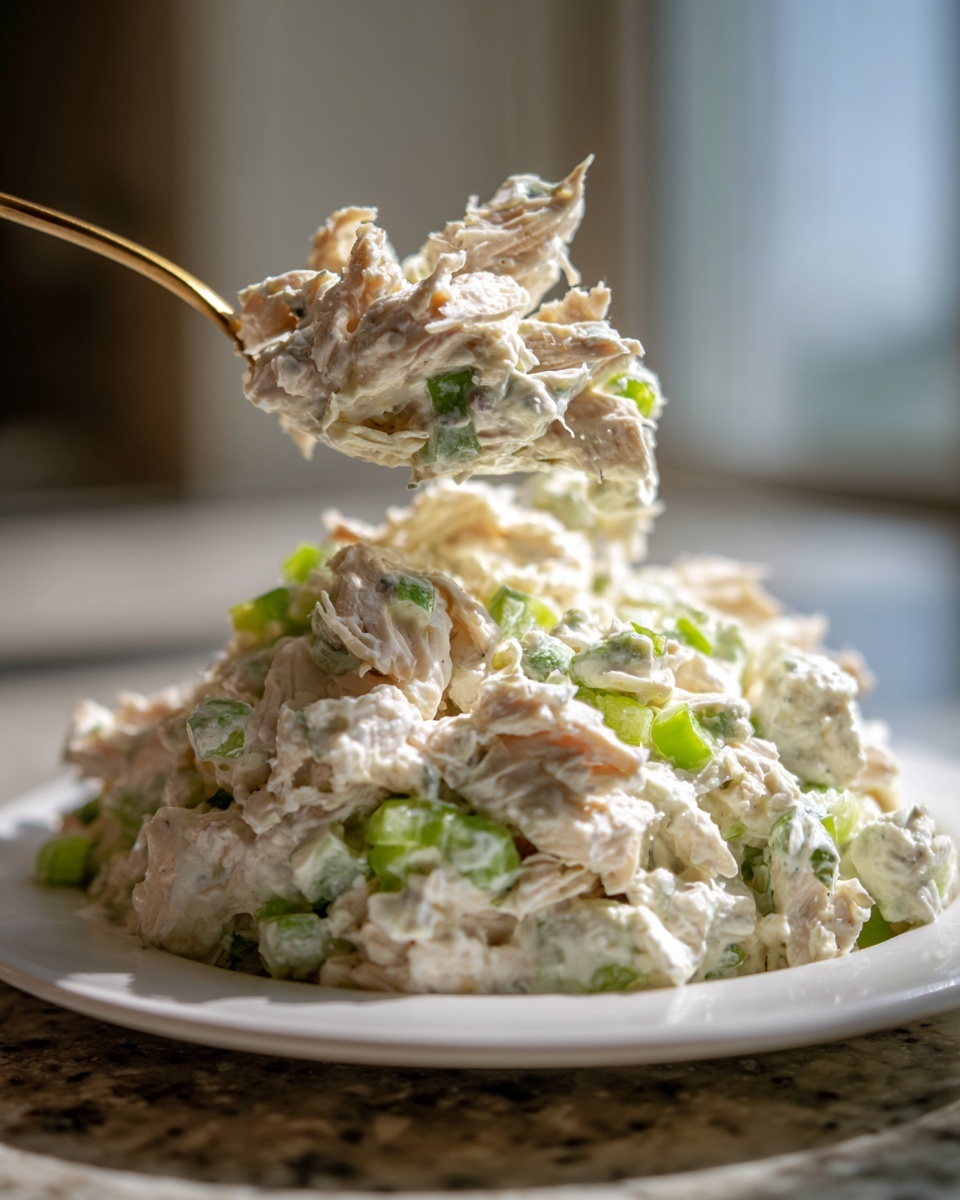 A spoonful of creamy high protein chicken salad with visible celery pieces being lifted from a white plate.