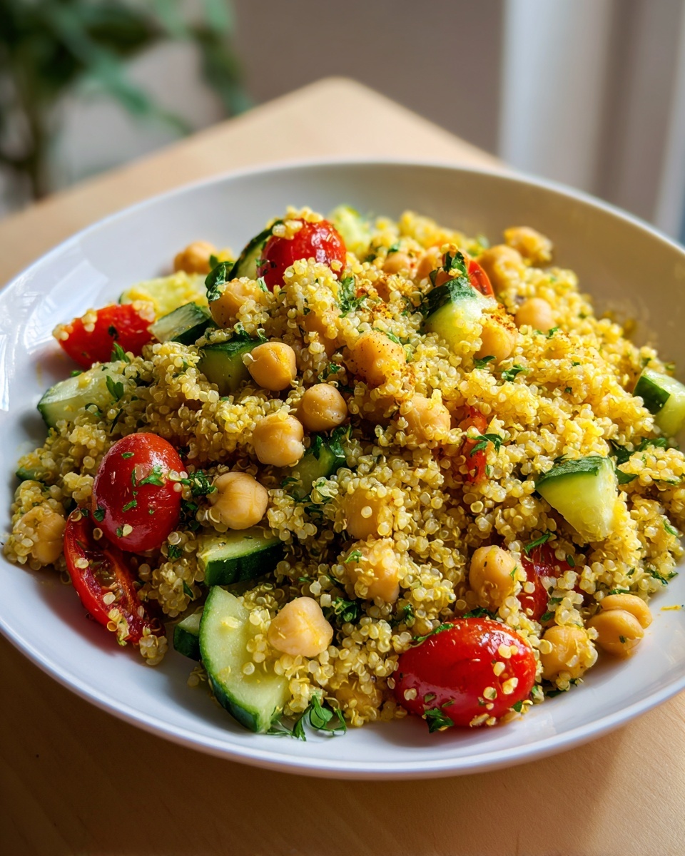 Close-up of a vibrant quinoa salad mixed with chickpeas, cucumber chunks, and halved cherry tomatoes.