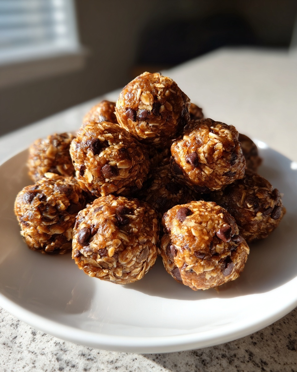 A stack of homemade chocolate chip protein balls made with oats, glistening under natural light on a white plate.