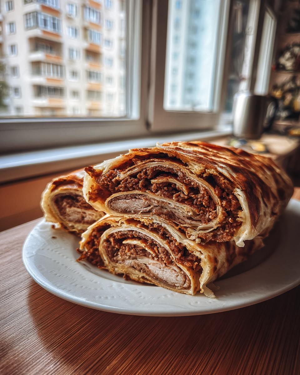 Two slices of a rolled homemade doner kebab showing layers of meat filling wrapped in flatbread.