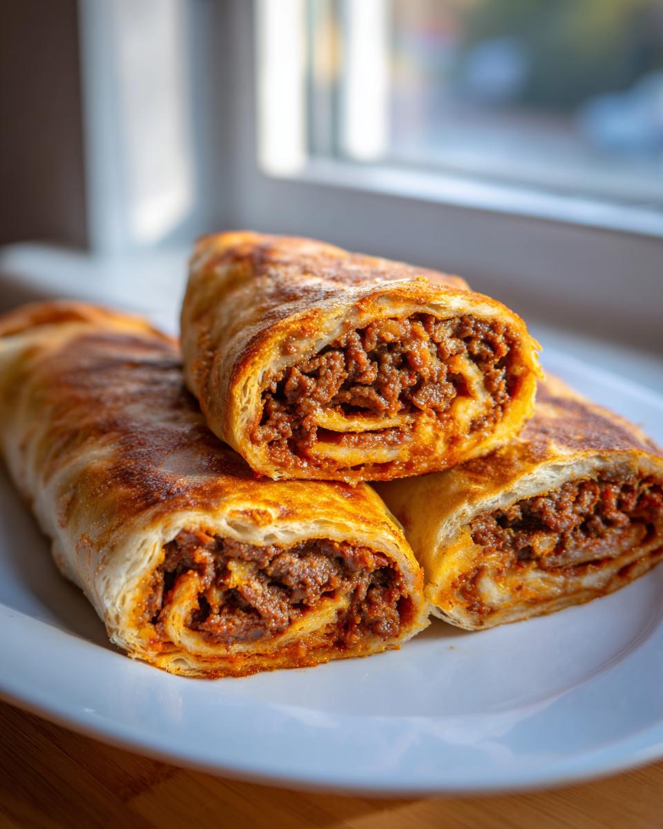 Three slices of a golden-brown roll filled with seasoned ground meat, resembling homemade doner kebab, stacked on a white plate.