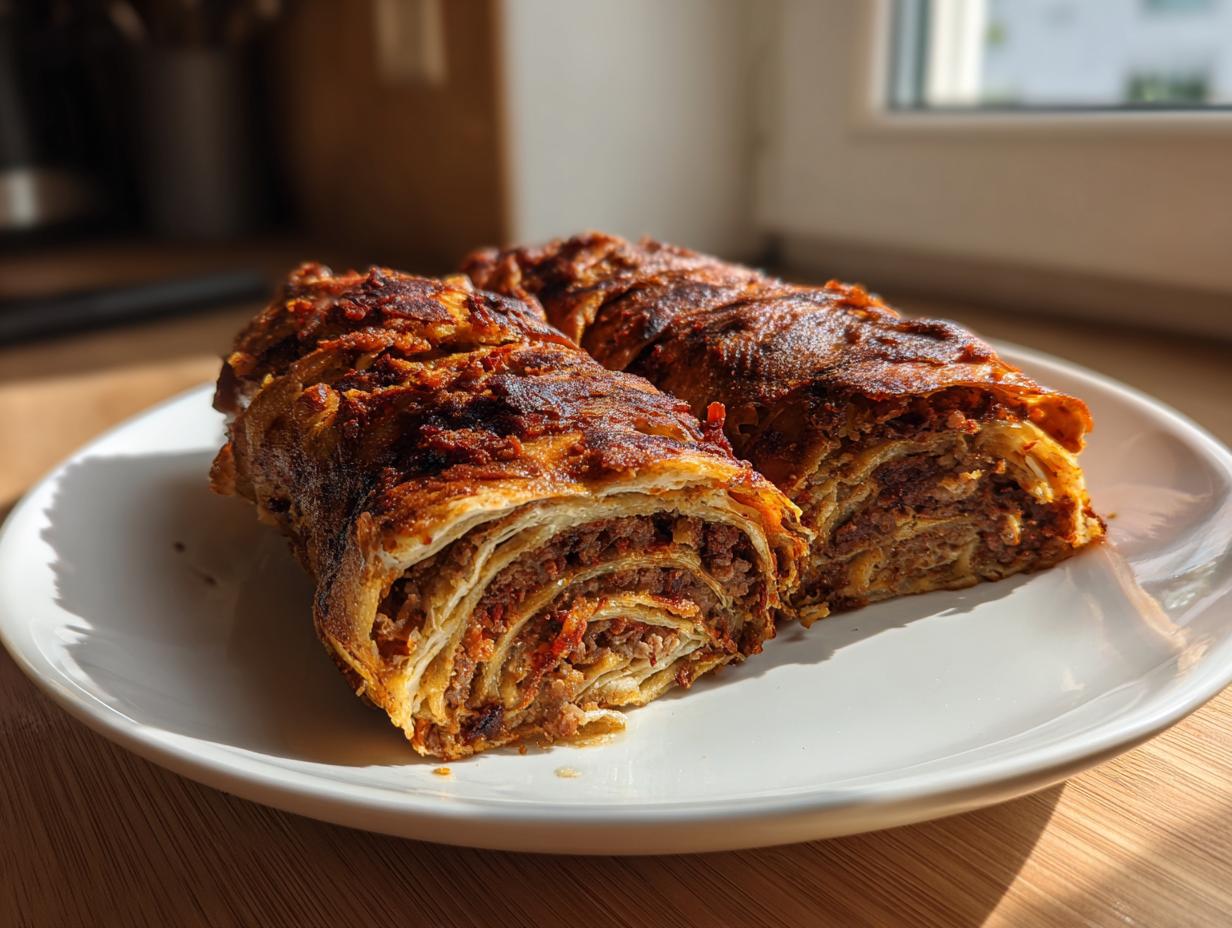Two slices of a baked homemade doner kebab roll showing layers of seasoned meat filling and crispy pastry.
