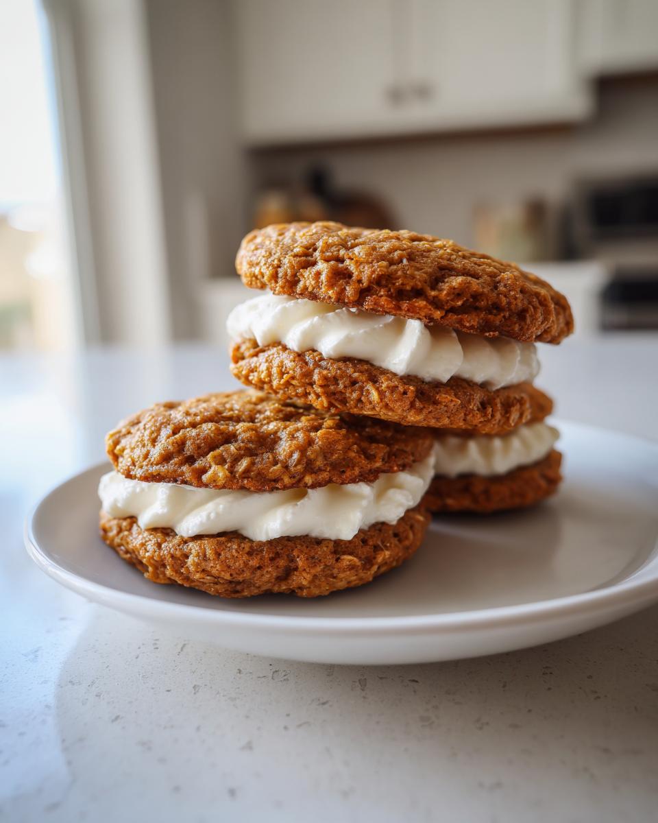 A stack of two homemade oatmeal cream pies with thick white frosting filling, resting on a white plate.