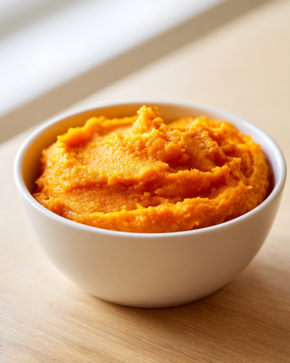 A close-up of bright orange homemade pumpkin puree served in a small white bowl on a wooden surface.