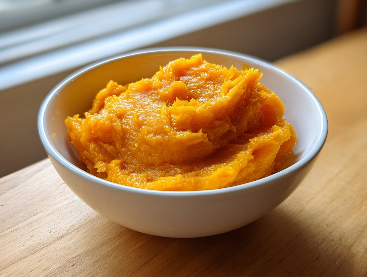 A close-up of thick, vibrant orange homemade pumpkin puree served in a white bowl.