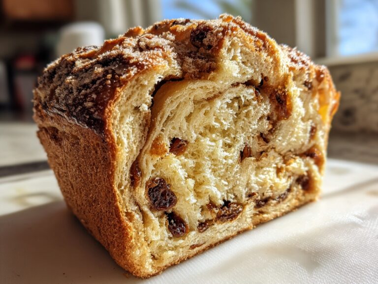 A close-up, cross-section view of a freshly baked loaf of raisin bread showing the soft interior and plump raisins.