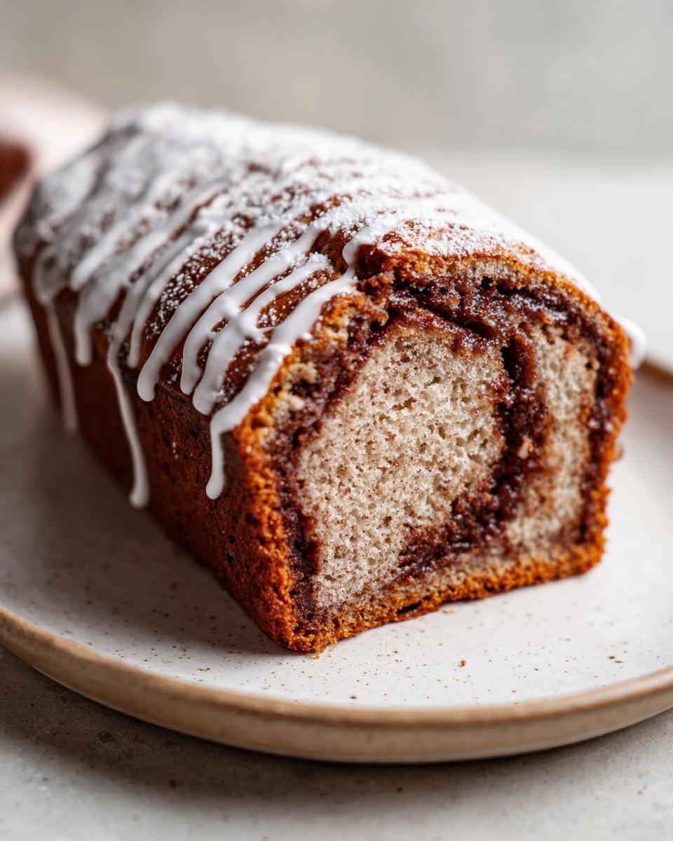A freshly baked loaf of cinnamon bread, sliced to show the swirl, topped with white icing.